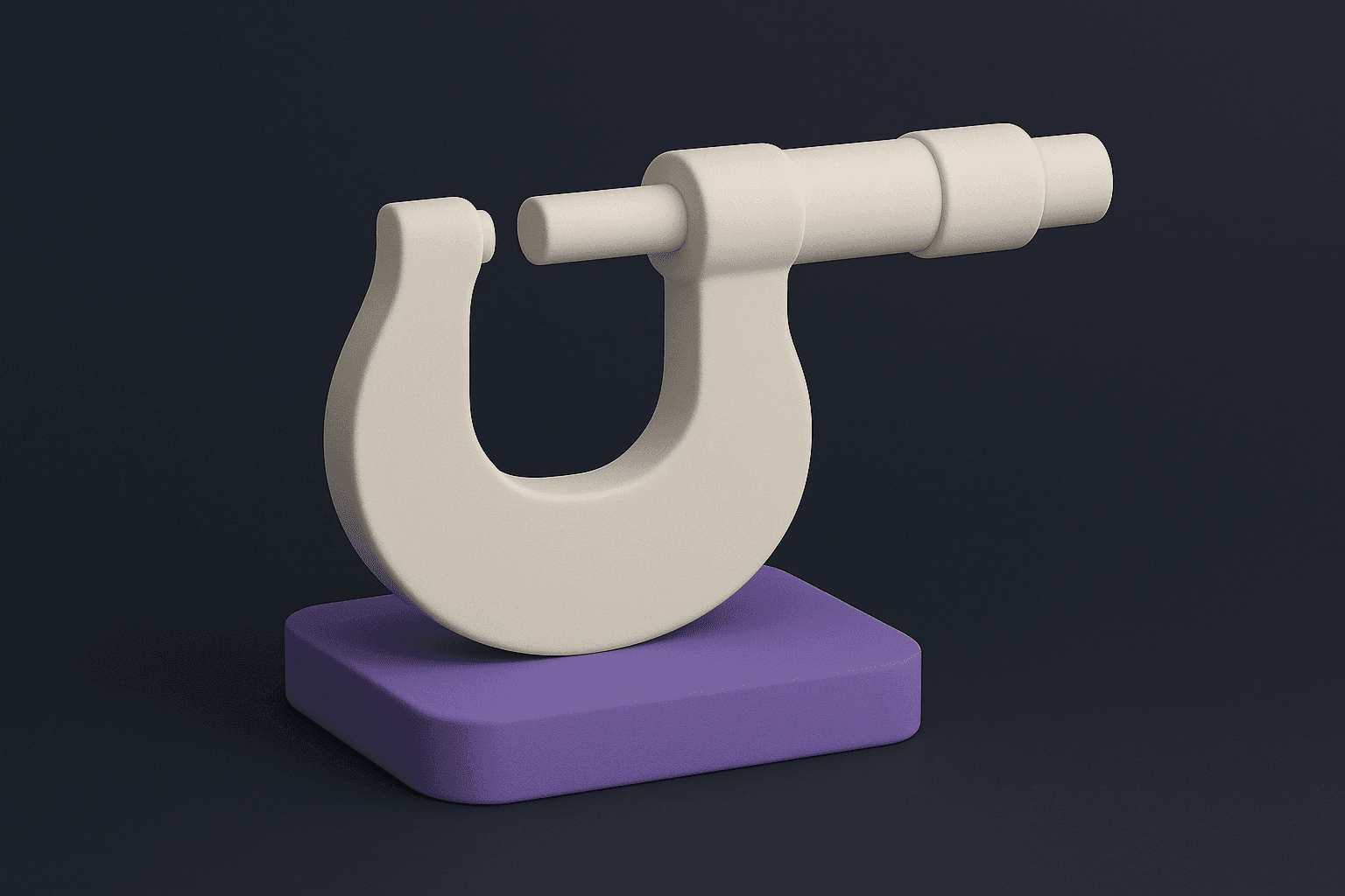 Isometrische Clay-Illustration einer Bügelmessschraube auf einem violetten Sockel als Sinnbild für das Messen der KI-Wirkung
