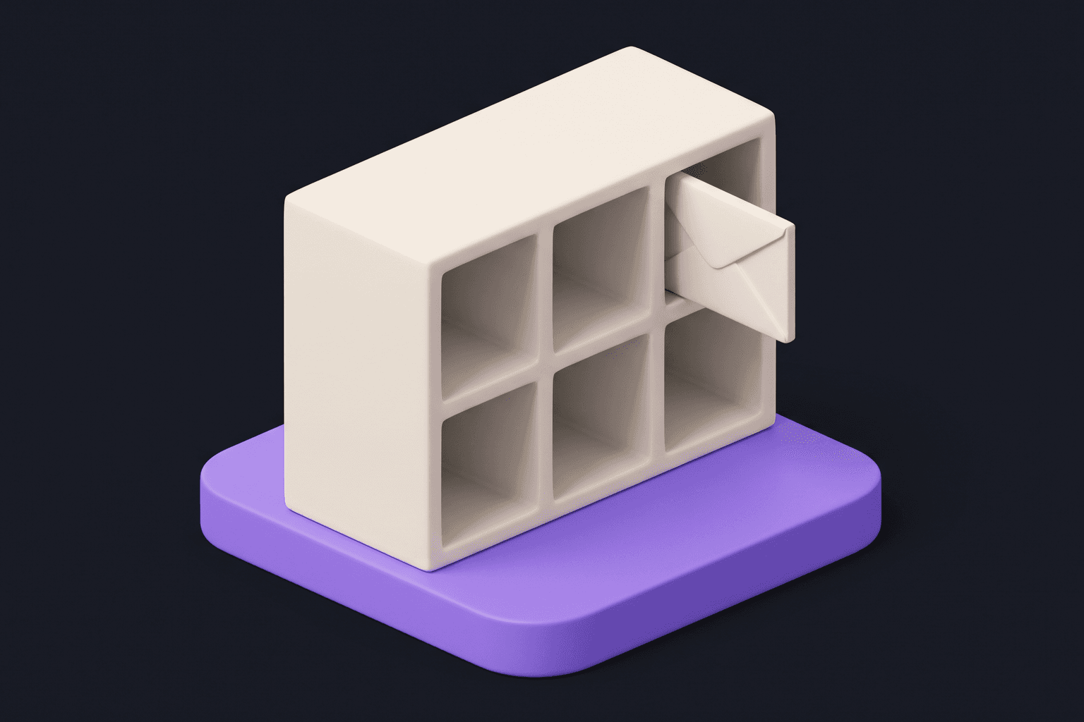Isometrische Clay-Illustration eines Sortierregals auf einem violetten Sockel, in genau einem Fach steckt ein Brief, als Sinnbild für ein KI-Modell, das aus festen Optionen wählt