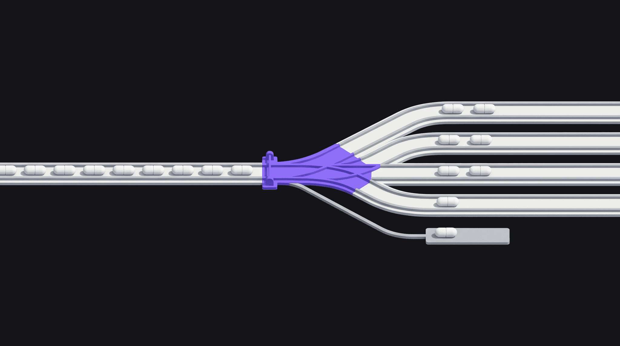 Illustration eines Gleisfelds: Ein Strom weisser Kapseln fährt auf eine violette Weiche zu, die ihn auf vier feste Gleise verteilt, ein Nebengleis führt unsichere Fälle zur Seite, als Sinnbild für ein KI-Modell, das schnell zwischen festen Optionen entscheidet