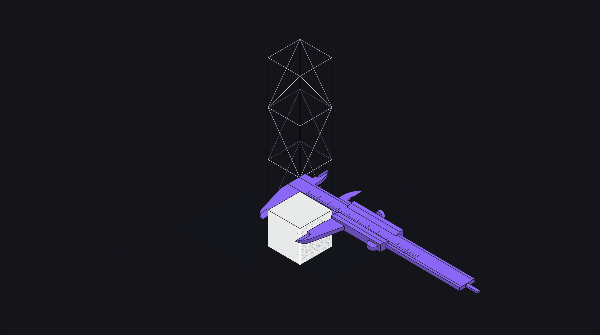Illustration eines violetten Messschiebers, der einen kleinen soliden Block misst, dahinter eine hohe, leere Drahtgitter-Säule, als Sinnbild dafür, dass gemessene Wirkung oft kleiner ist als die behauptete