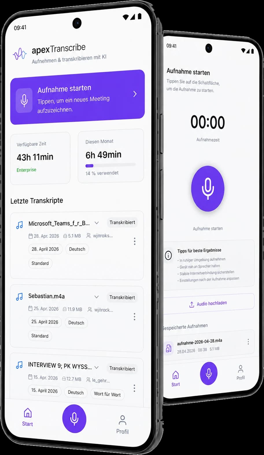 apexTranscribe Mobile App: Startbildschirm mit den letzten Transkripten und die Aufnahme-Ansicht