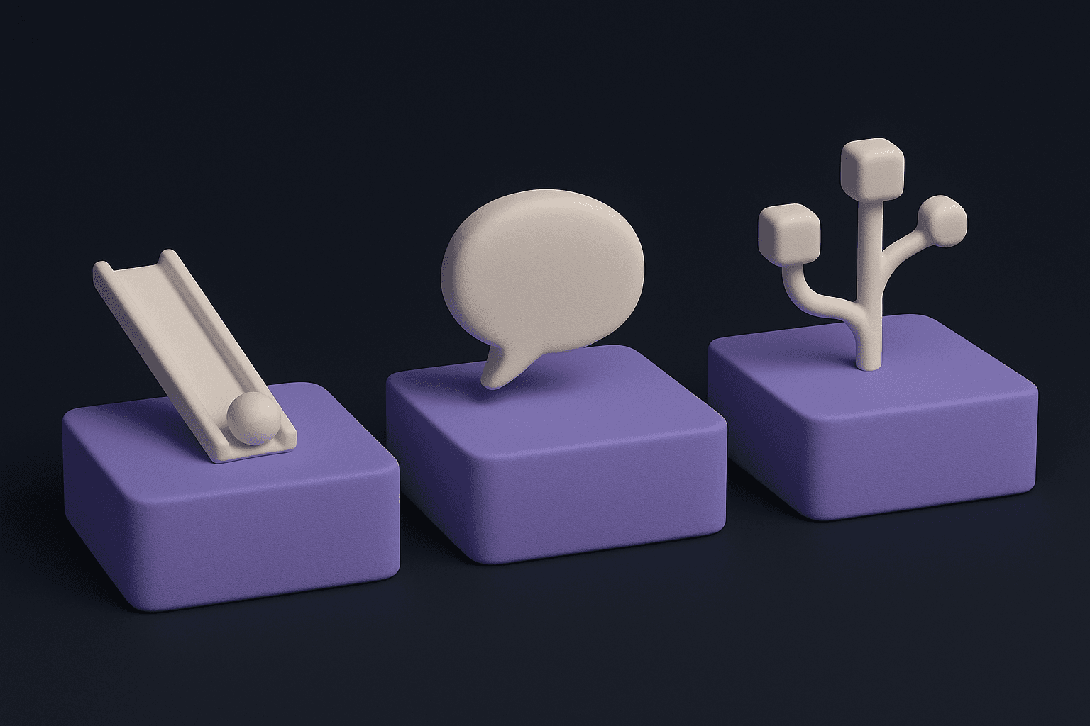 Drei gleichwertige violette Sockel nebeneinander: eine starre Rutsche als Sinnbild für Workflow-Automation, eine Sprechblase für den Chatbot und eine verzweigte Struktur für den KI-Agenten.