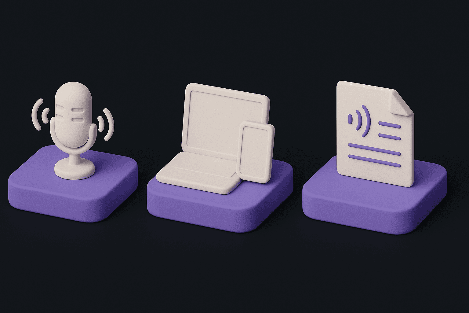Isometrische Icons für Audio-Transkription auf drei gleichen violetten Sockeln: Mikrofon, Laptop mit Smartphone und Transkript-Dokument im apexAI-Stil.