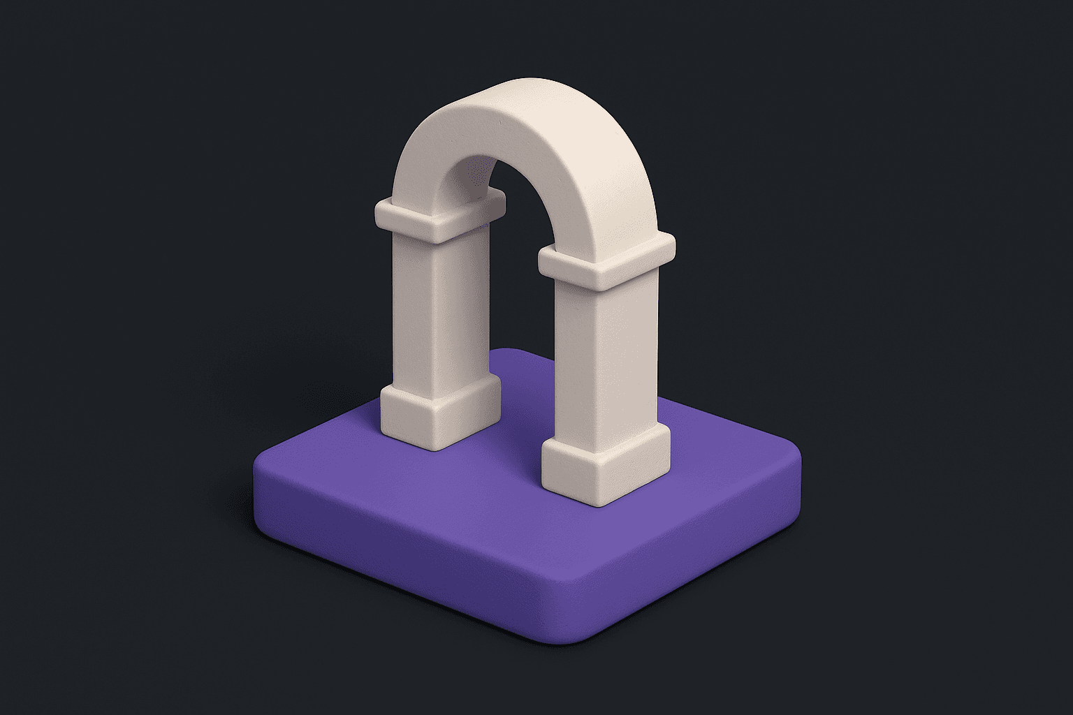Isometrische Clay-Grafik im apexAI Dark-Mode: ein kreideweisser Torbogen steht auf einem violetten Sockel, der Durchgang darunter ist leer · Sinnbild für die Schwelle des EU AI Act, die die meisten Schweizer KMU gar nicht überschreiten.