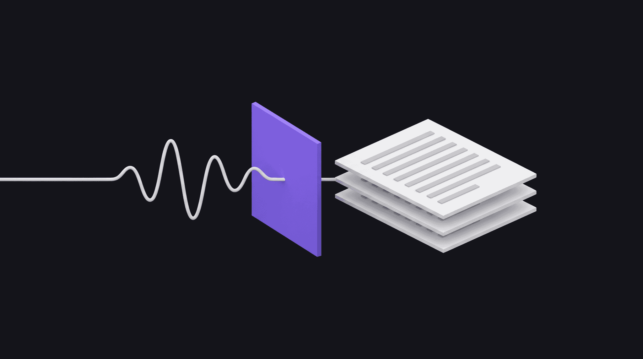 Illustration einer Schallwelle, die durch eine violette Fläche läuft und als geordneter Stapel Protokollseiten herauskommt, als Sinnbild für Transkription vom Gespräch zum Protokoll