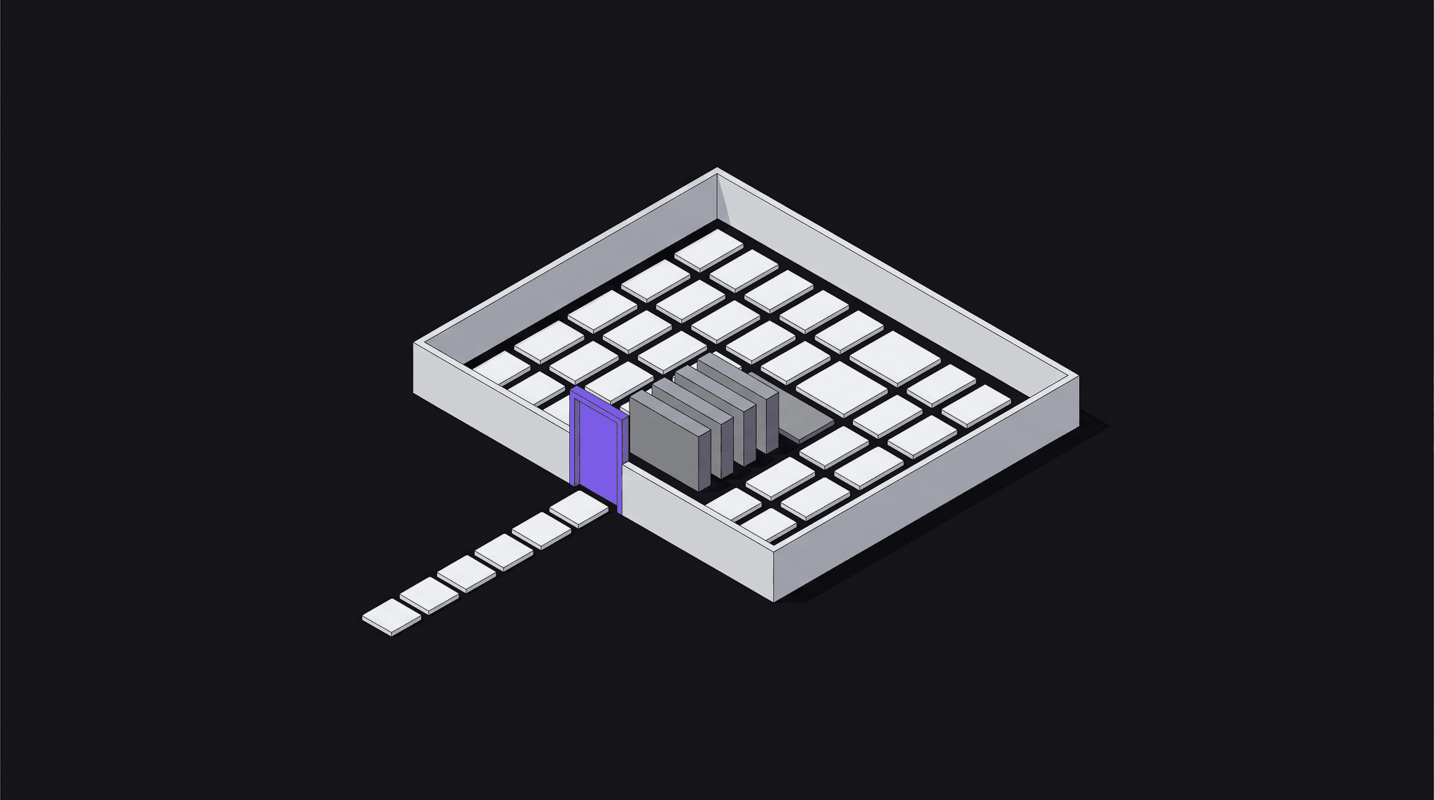 Illustration eines ummauerten Raums voller Datenkacheln mit einem violetten Tor, durch das nur einzelne weisse Kacheln nach draussen gelangen, während dunkle, sensible Kacheln drinnen bleiben, als Sinnbild für Daten, die nicht in KI-Tools gehören