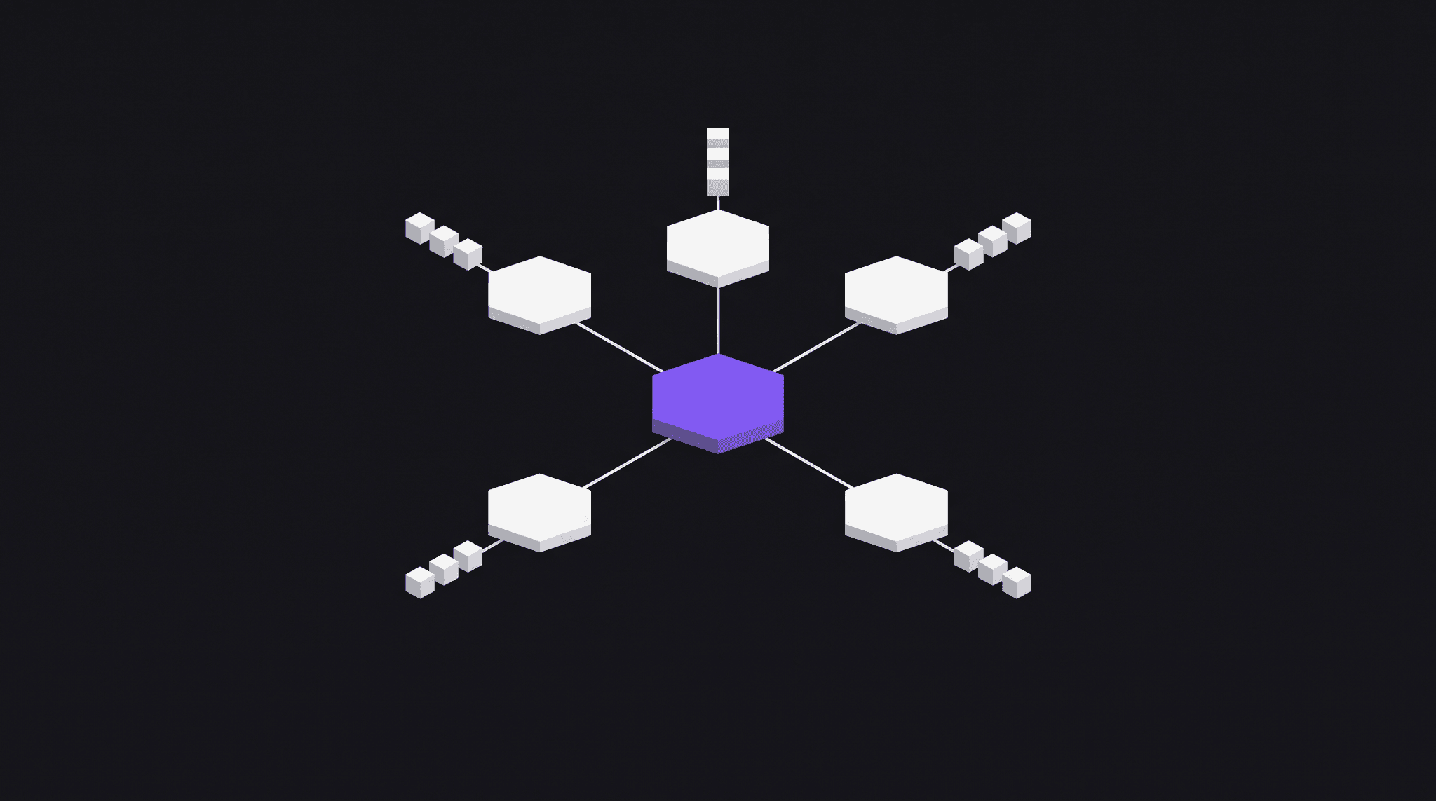 Illustration eines violetten Knotens in der Mitte, verbunden mit fünf weissen Knoten, die je eigene kleine Abläufe ausführen, als Sinnbild für mehrere KI-Agenten unter einer zentralen Steuerung