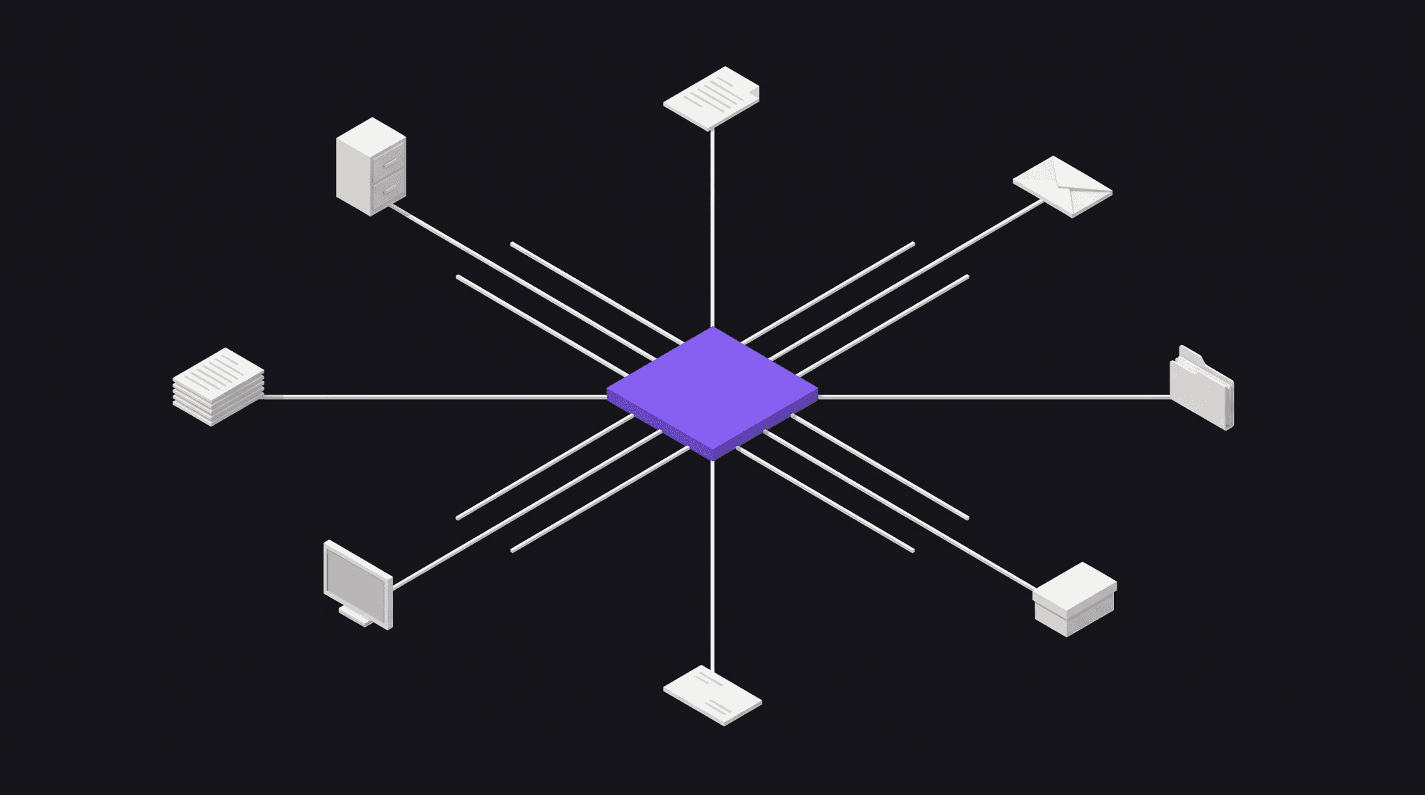 Illustration eines violetten KI-Hubs in der Mitte, zu dem feine Linien von Büroobjekten wie Dokumenten, Briefumschlag, Ordner, Aktenschrank und Bildschirm führen, als Sinnbild für viele Prozesse, die eine KI-Schicht bündelt