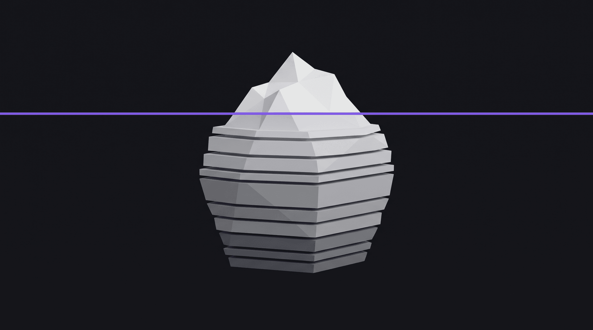 Illustration eines Eisbergs, dessen kleine Spitze über einer violetten Wasserlinie liegt, während der viel grössere Teil darunter aus geschichteten Platten besteht, als Sinnbild für die versteckten Kosten einer KI-Integration