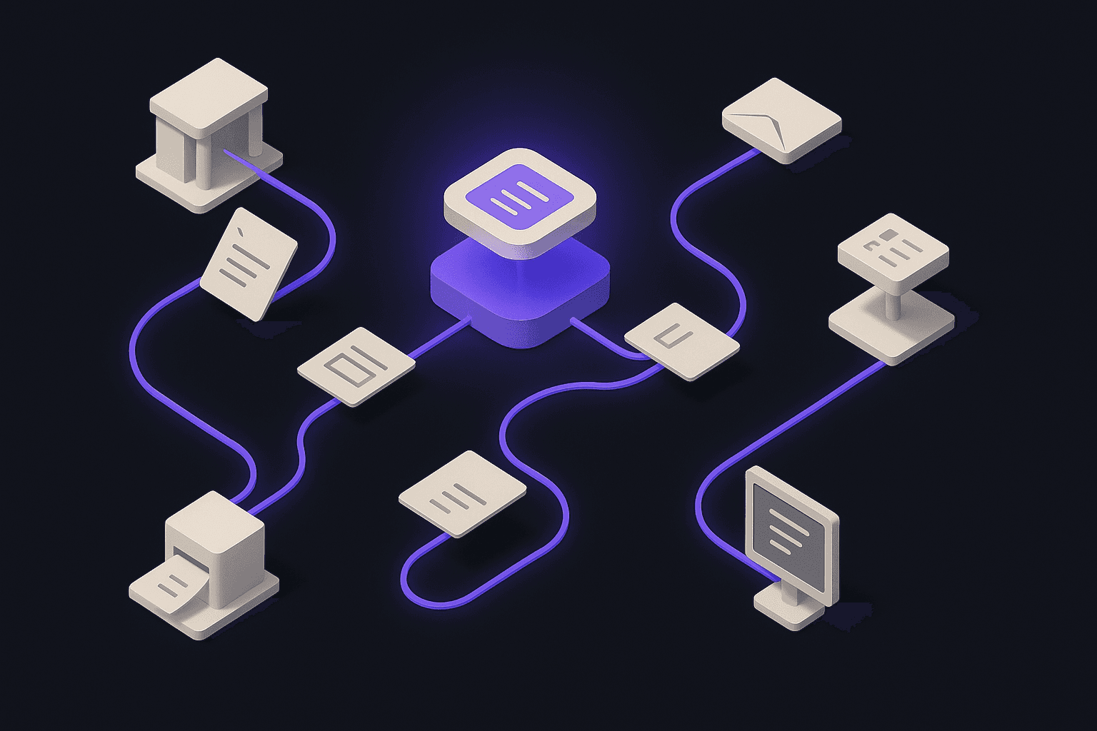 Isometrische Darstellung im apexAI Dark-Mode: Dokumente und Aufgaben fliessen über violette Bahnen in einen zentralen KI-Hub, der die Prozesse automatisiert bündelt.