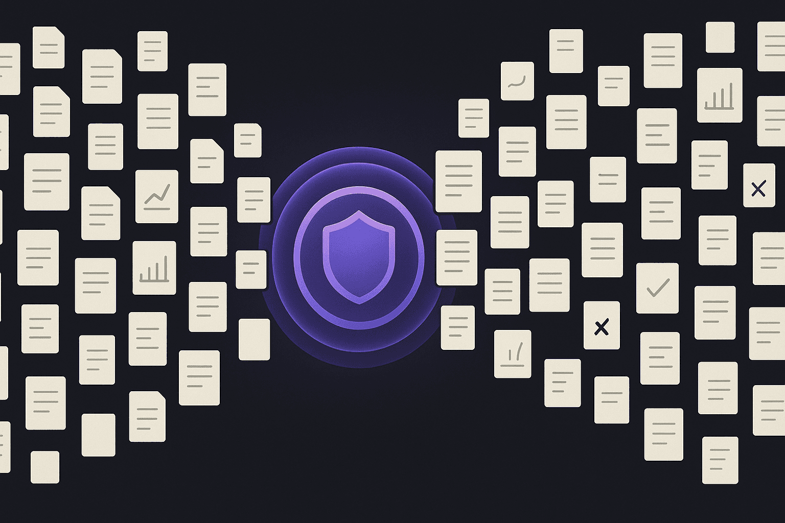 apexAI Dark-Mode-Illustration: ein Datenstrom passiert vor dem Eintritt in ein KI-Tool einen Schutzfilter, der sensible Datensätze zurückhält.