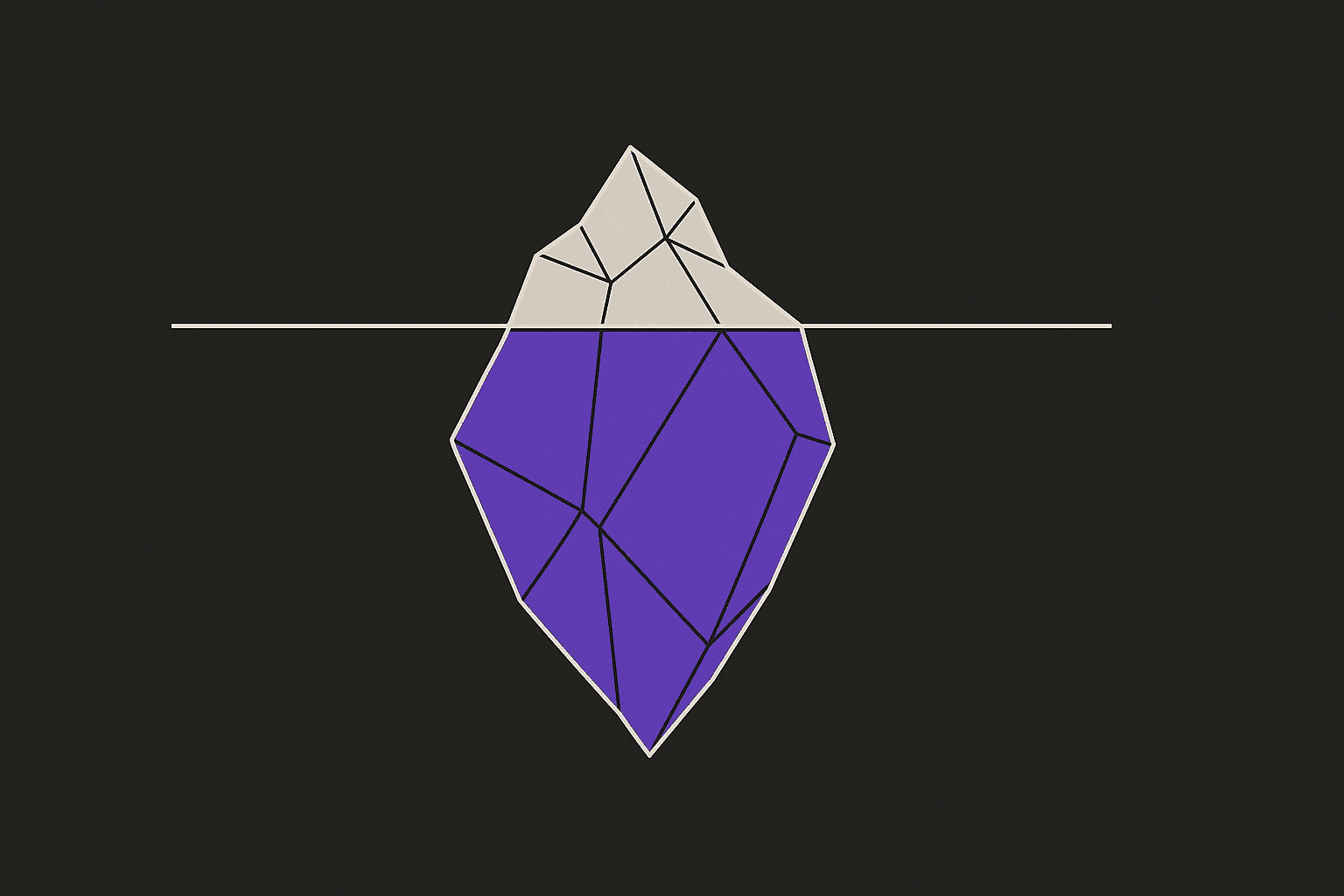 apexAI Dark-Mode-Illustration: ein geometrischer Eisberg mit kleiner heller Spitze über der Wasserlinie und grosser violetter Masse darunter · Sinnbild dafür, dass der sichtbare Preis einer KI-Integration nur die Spitze ist und der grösste Kostenblock verborgen bleibt.